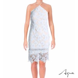 AQUA Chic Ice Blue/Beige Open Crochet Halter Dress
